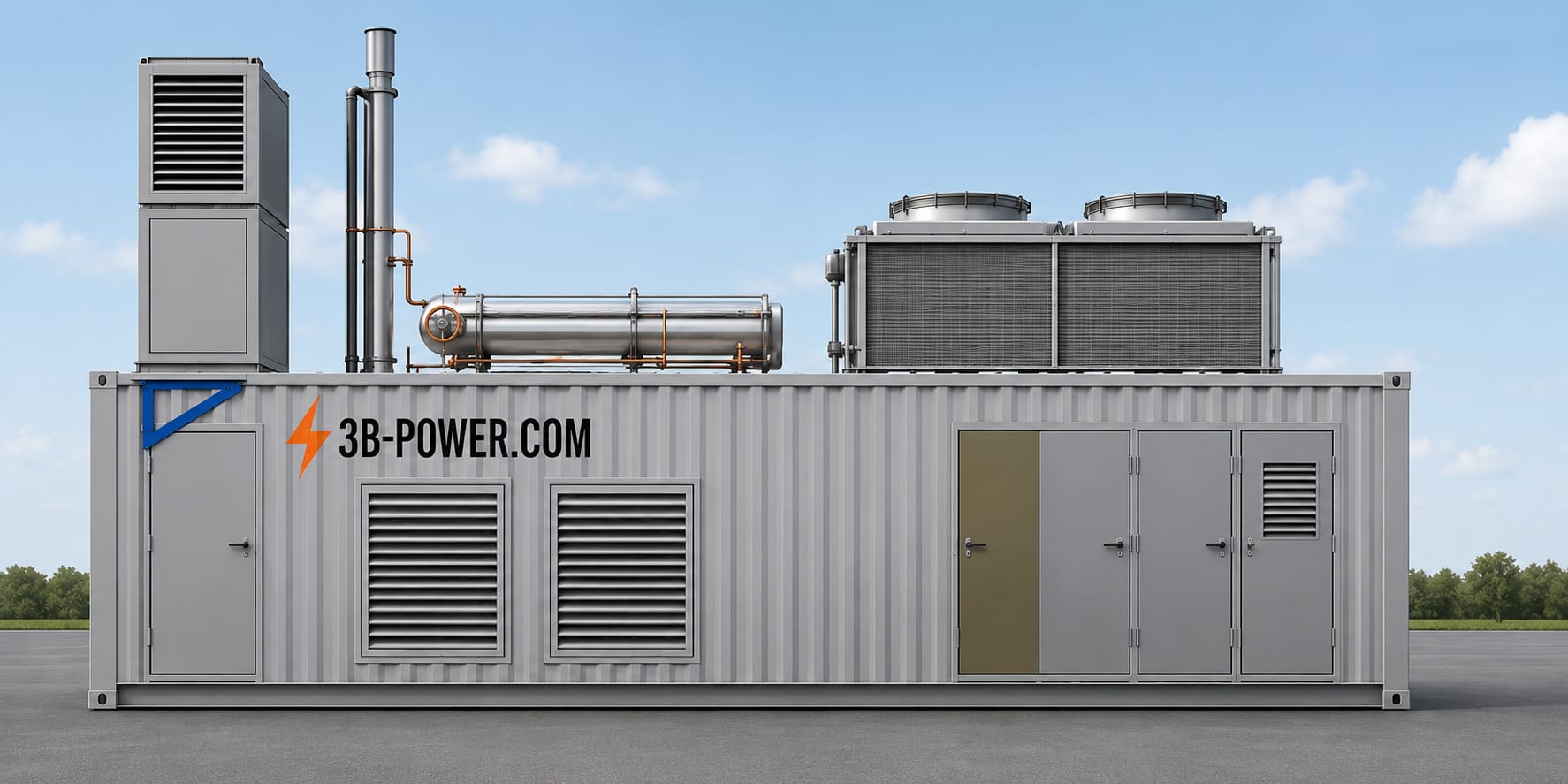 Industrial energy containers with 3B-Power branding in a clean outdoor environment